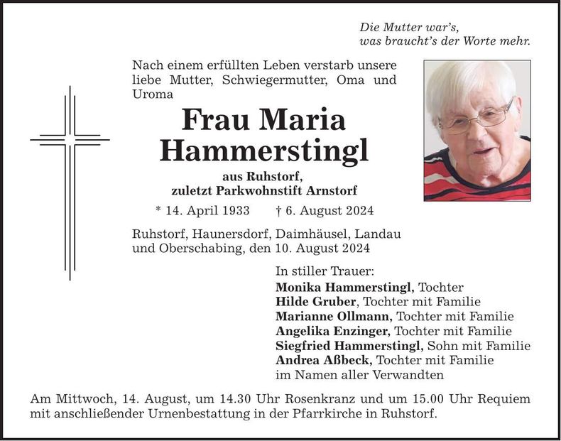 Traueranzeige Maria Hammerstingl