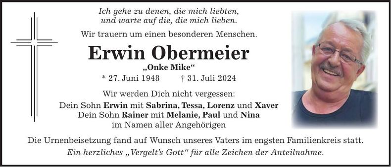 Traueranzeige Erwin Obermeier