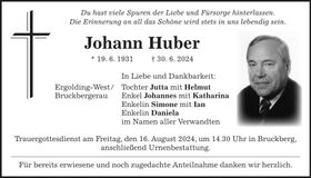 Traueranzeige Johann Huber
