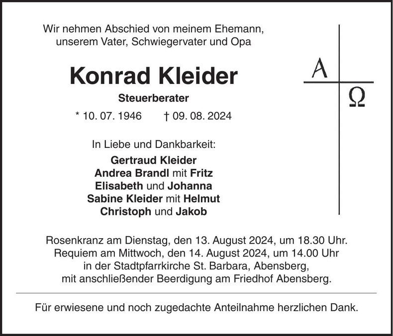 Traueranzeige Konrad Kleider
