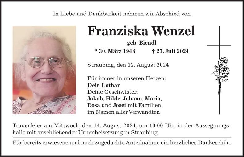 Traueranzeige Franziska Wenzel