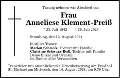 Traueranzeige Anneliese Klemnt-Preiß