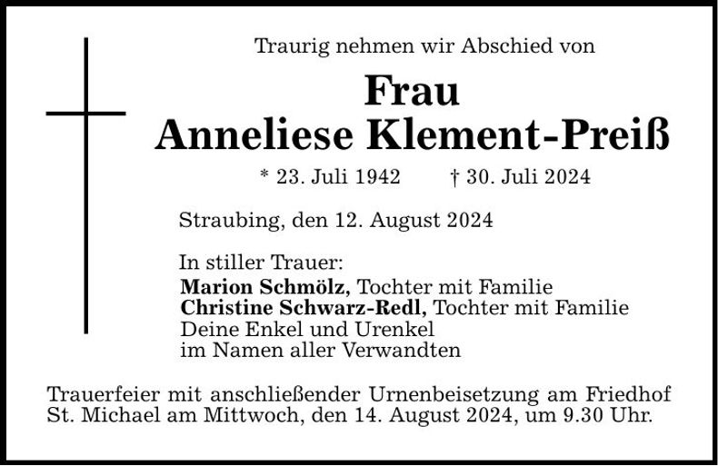 Traueranzeige Anneliese Klemnt-Preiß