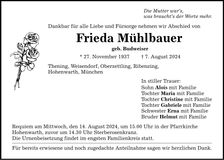 Traueranzeige Frieda Mühlbauer