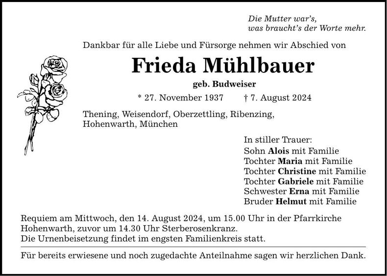 Traueranzeige Frieda Mühlbauer