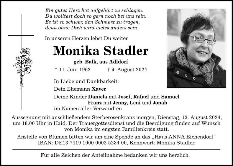 Traueranzeige Monika Stadler