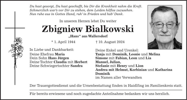 Traueranzeige Zbigniew Bialkowski