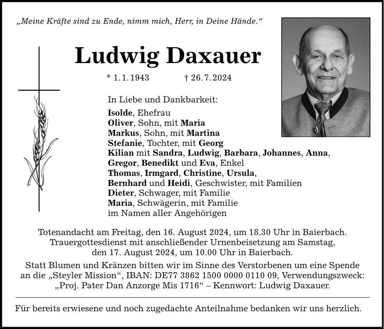 Traueranzeige Ludwig Daxauer