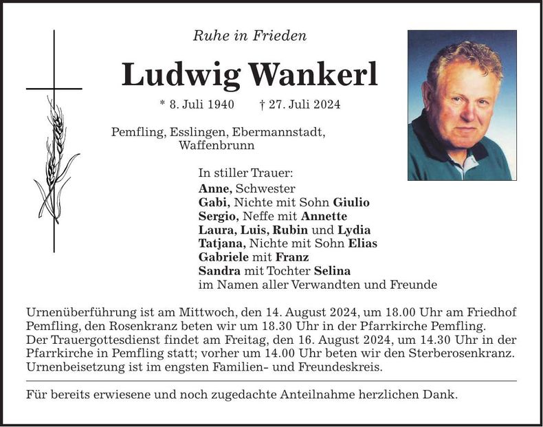 Traueranzeige Ludwig Wankerl