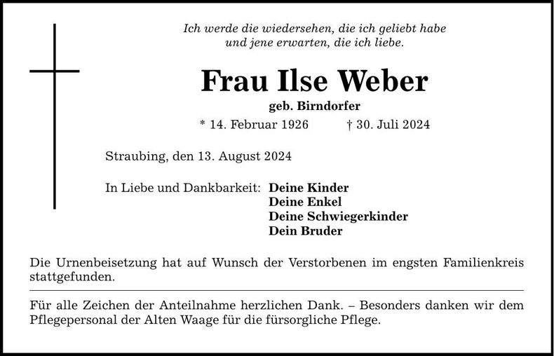 Traueranzeige Ilse Weber