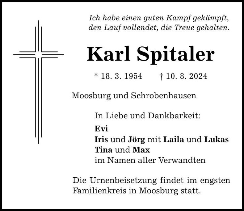 Traueranzeige Karl Spitaler
