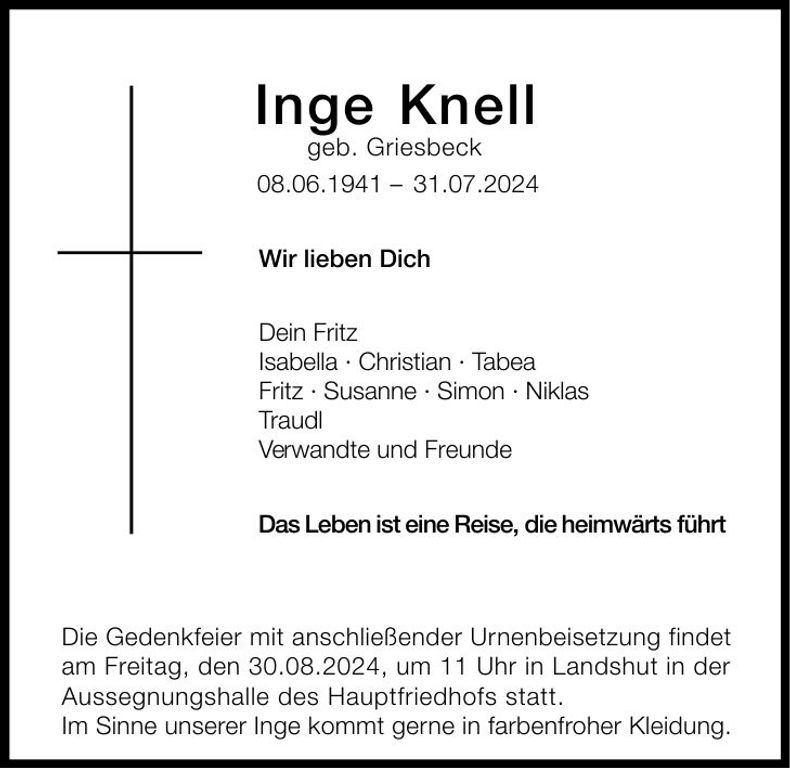 Traueranzeige Inge Knell