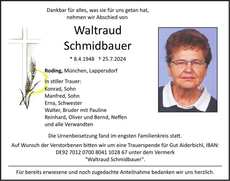 Traueranzeige Waltraud Schmidbauer