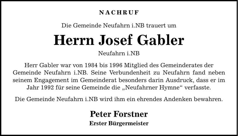 Traueranzeige Josef Gabler