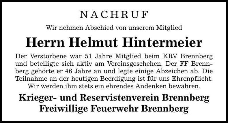 Traueranzeige Helmut Hintermeier