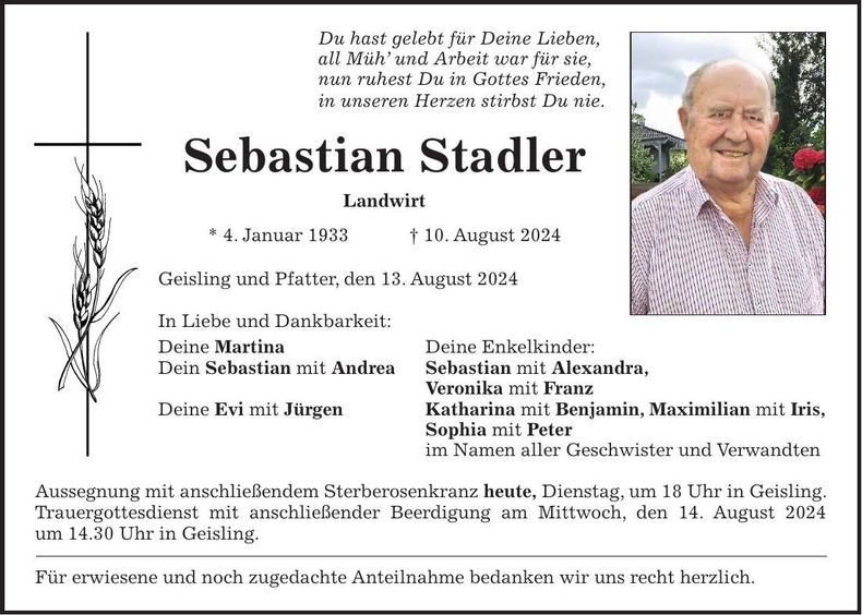 Traueranzeige Sebastian Stadler