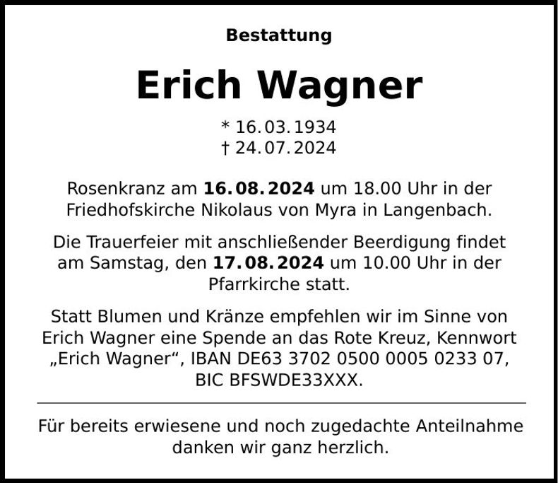 Traueranzeige Erich Wagner