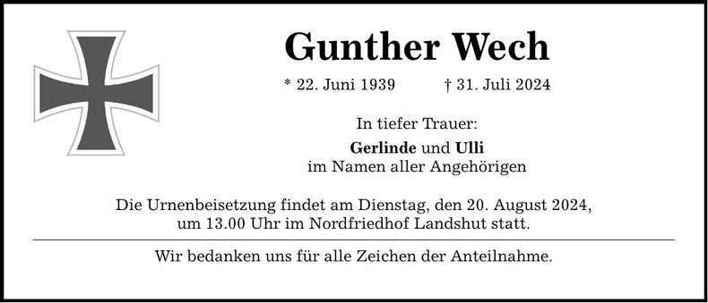 Traueranzeige Gunther Wech