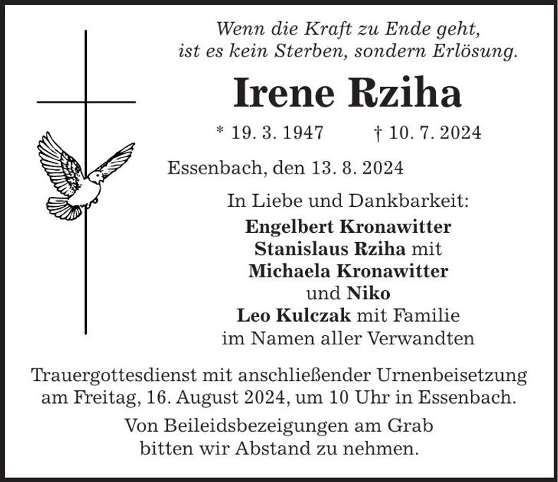 Traueranzeige Irene Rziha