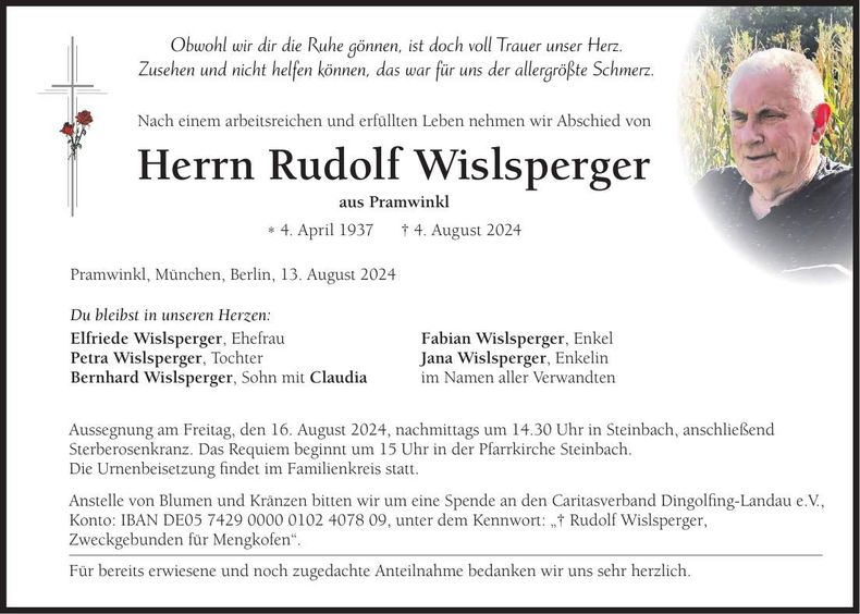 Traueranzeige Rudolf Wislsperger