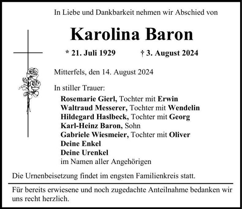 Traueranzeige Karolina Baron