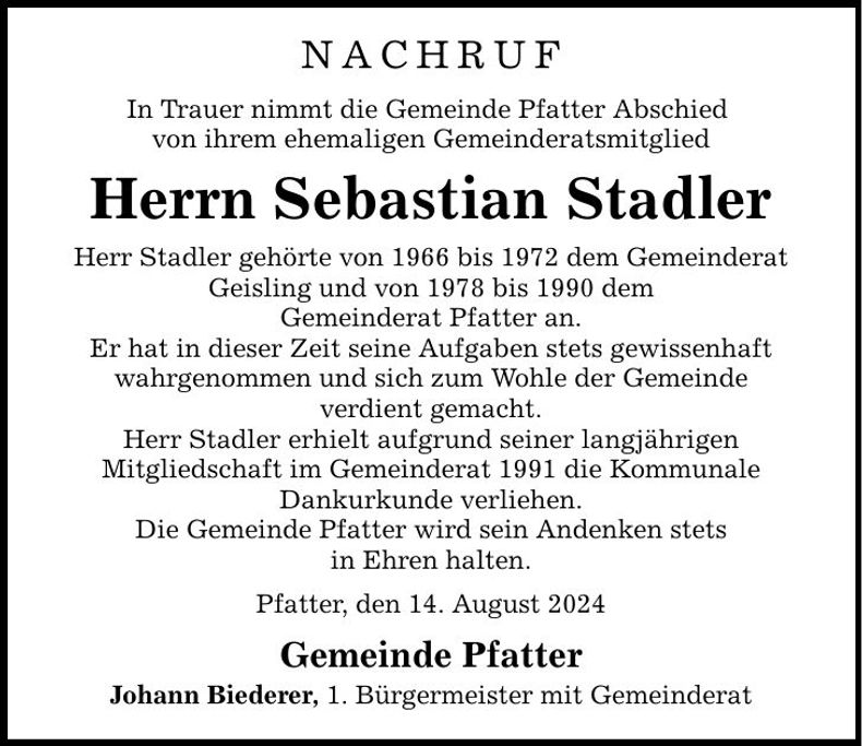 Traueranzeige Sebastian Stadler