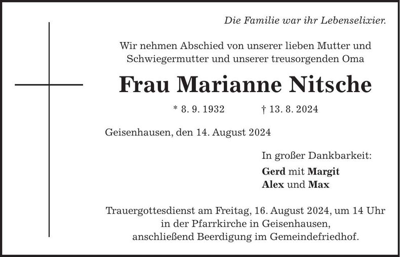 Traueranzeige Marianne Nitsche
