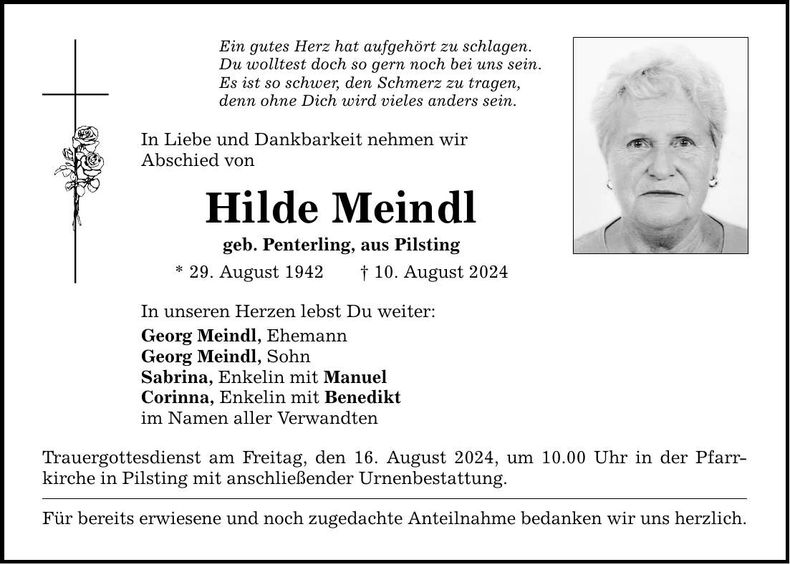 Traueranzeige Hilde Meindl