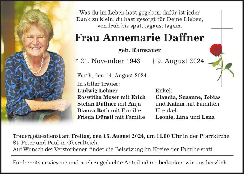 Traueranzeige Annemarie Daffner