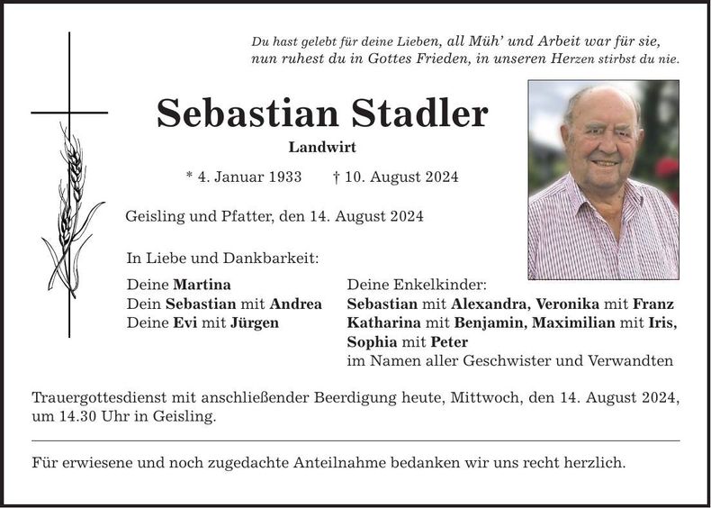 Traueranzeige Sebastian Stadler