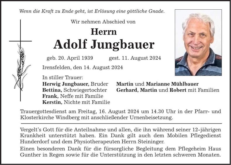 Traueranzeige Adolf Jungbauer