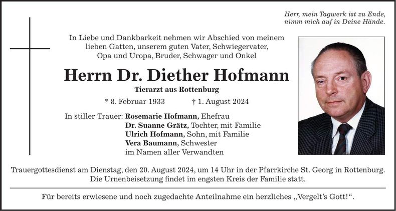 Traueranzeige Diether Dr. Hofmann