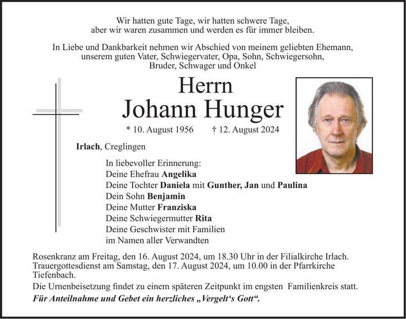 Traueranzeige Johann Hunger