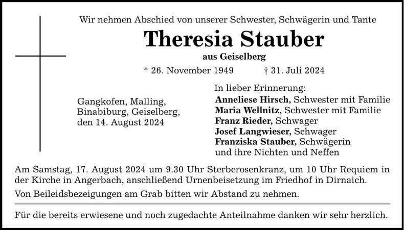 Traueranzeige Theresia Stauber