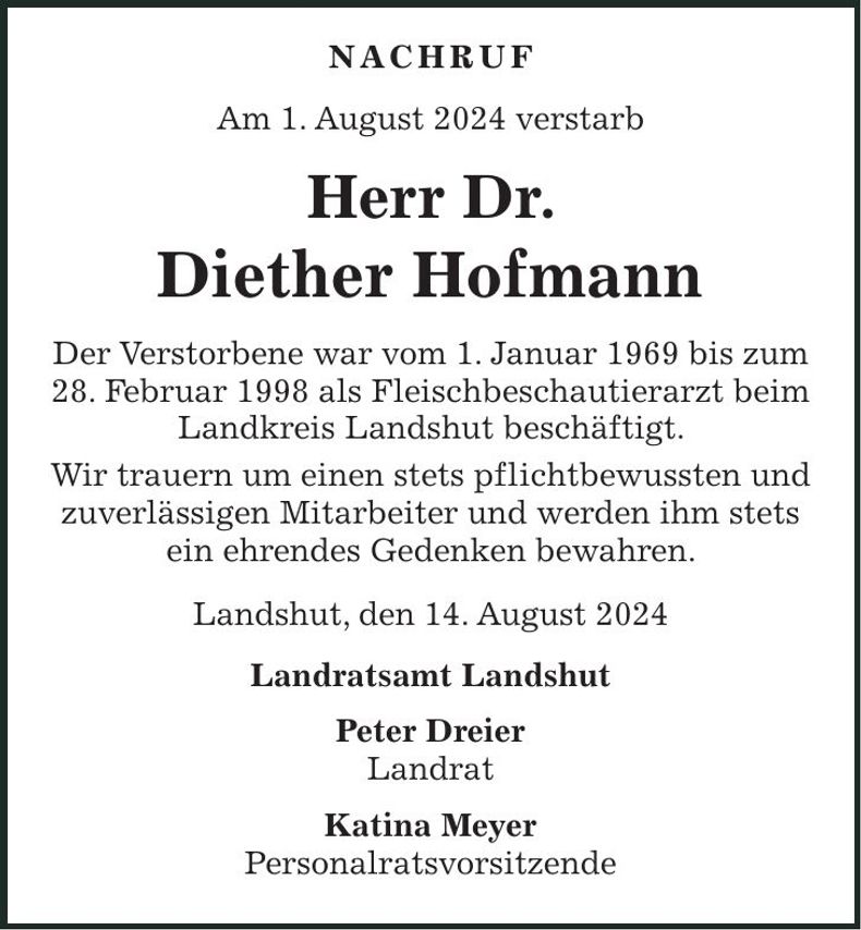 Traueranzeige Diether Hofmann