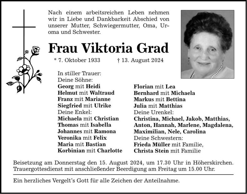 Traueranzeige Viktoria Grad