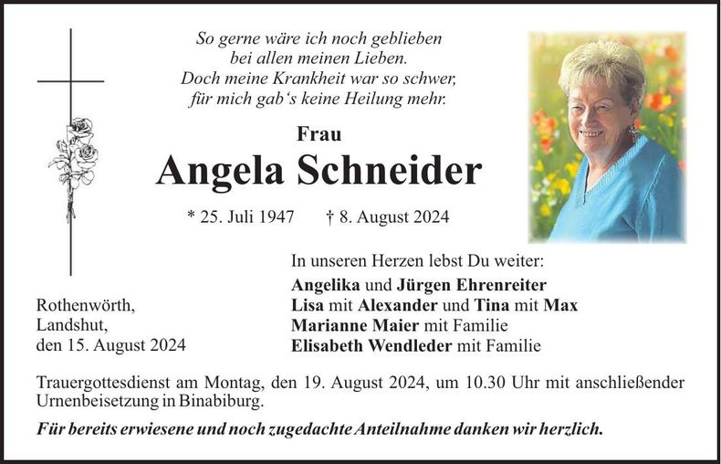 Traueranzeige Angela Schneider