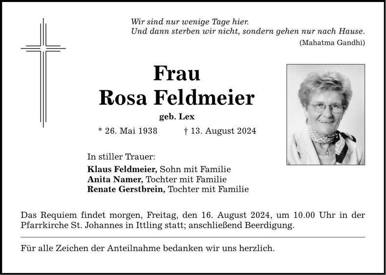 Traueranzeige Rosa Feldmeier