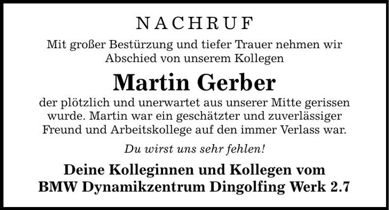 Traueranzeige Martin Gerber