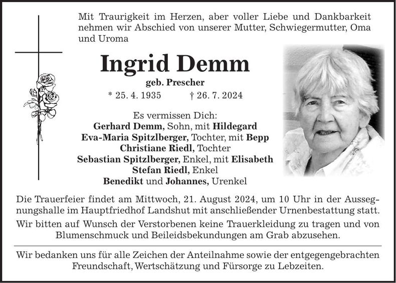 Traueranzeige Ingrid Demm