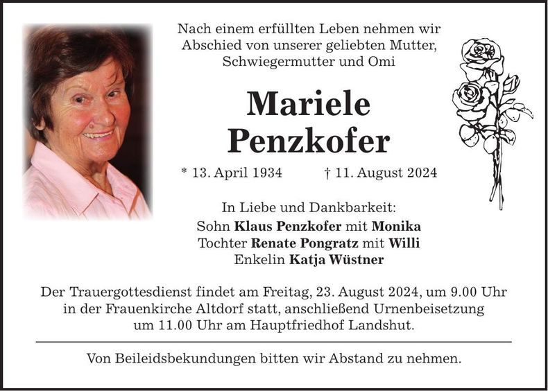 Traueranzeige Mariele Penzkofer