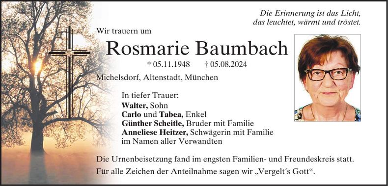 Traueranzeige Rosmarie Baumbach