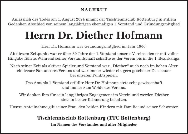 Traueranzeige Dieter Hofmann