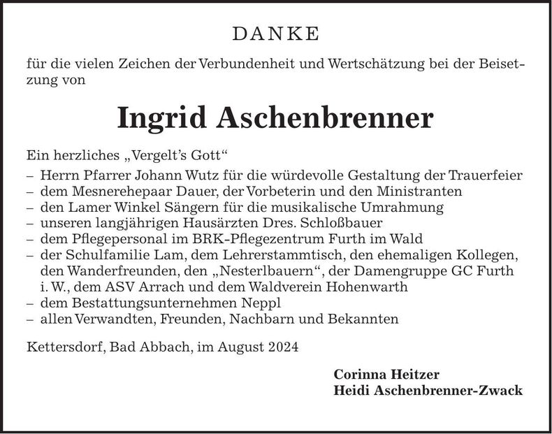 Traueranzeige Ingrid Aschenbrenner