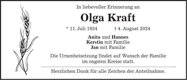 Traueranzeige Olga Kraft