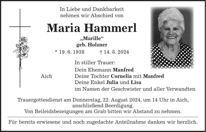 Traueranzeige Maria Hammerl