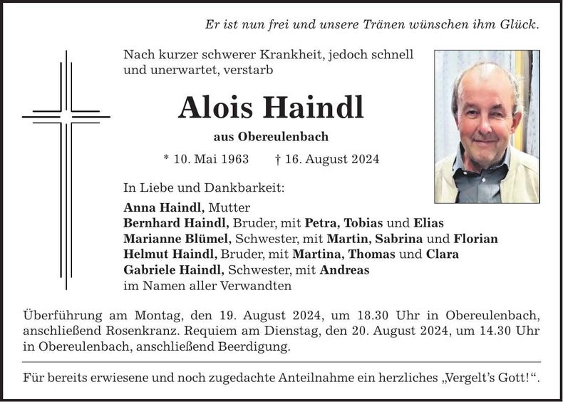 Traueranzeige Alois Haindl