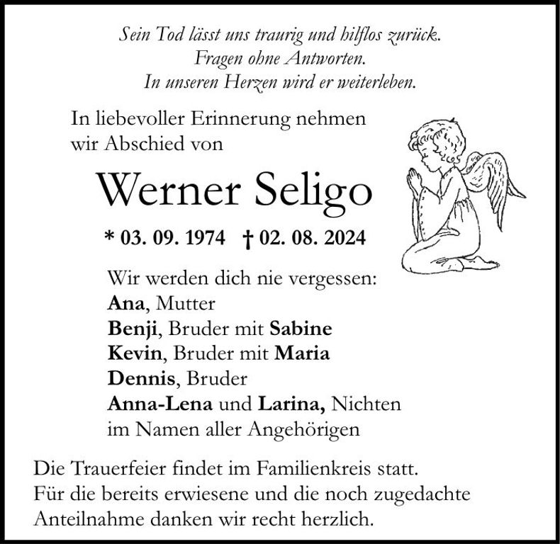 Traueranzeige Werner Seligo