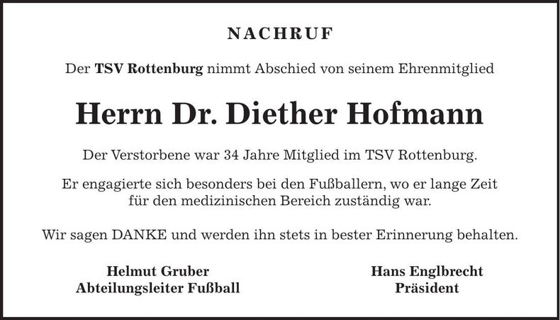 Traueranzeige Diether Dr. Hofmann