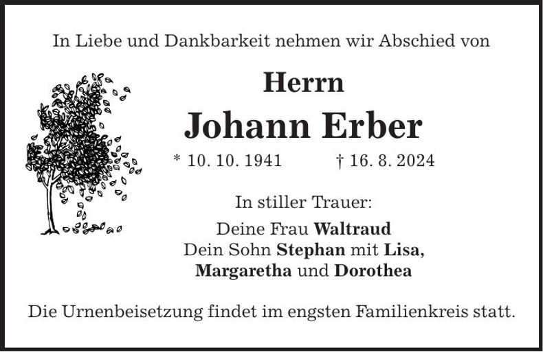 Traueranzeige Johann Erber